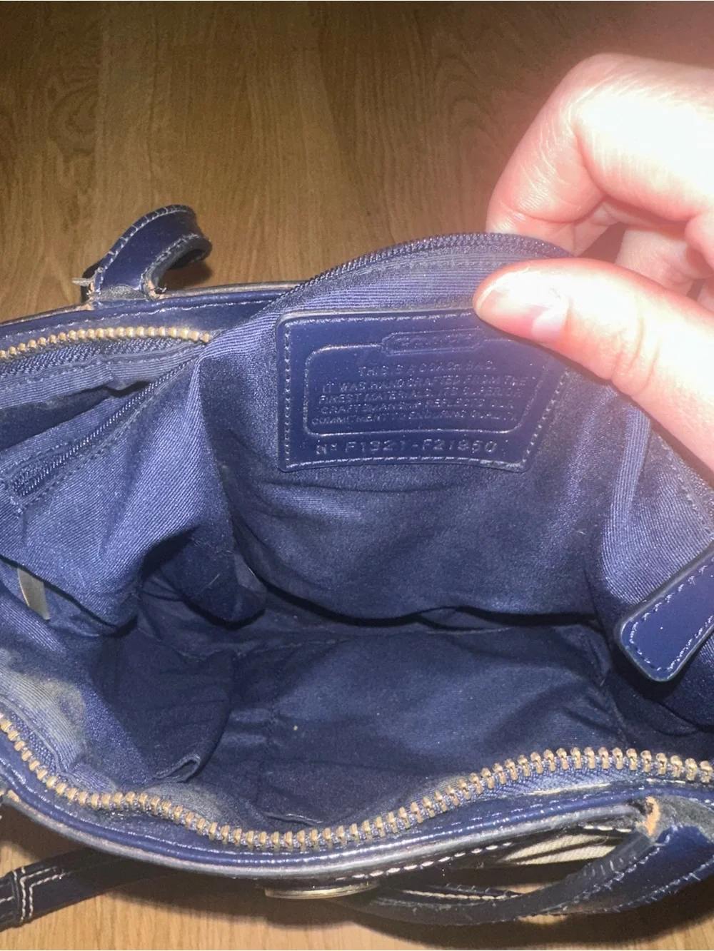 Coach Brown Signature Canvas Tote with Navy Center Stripe